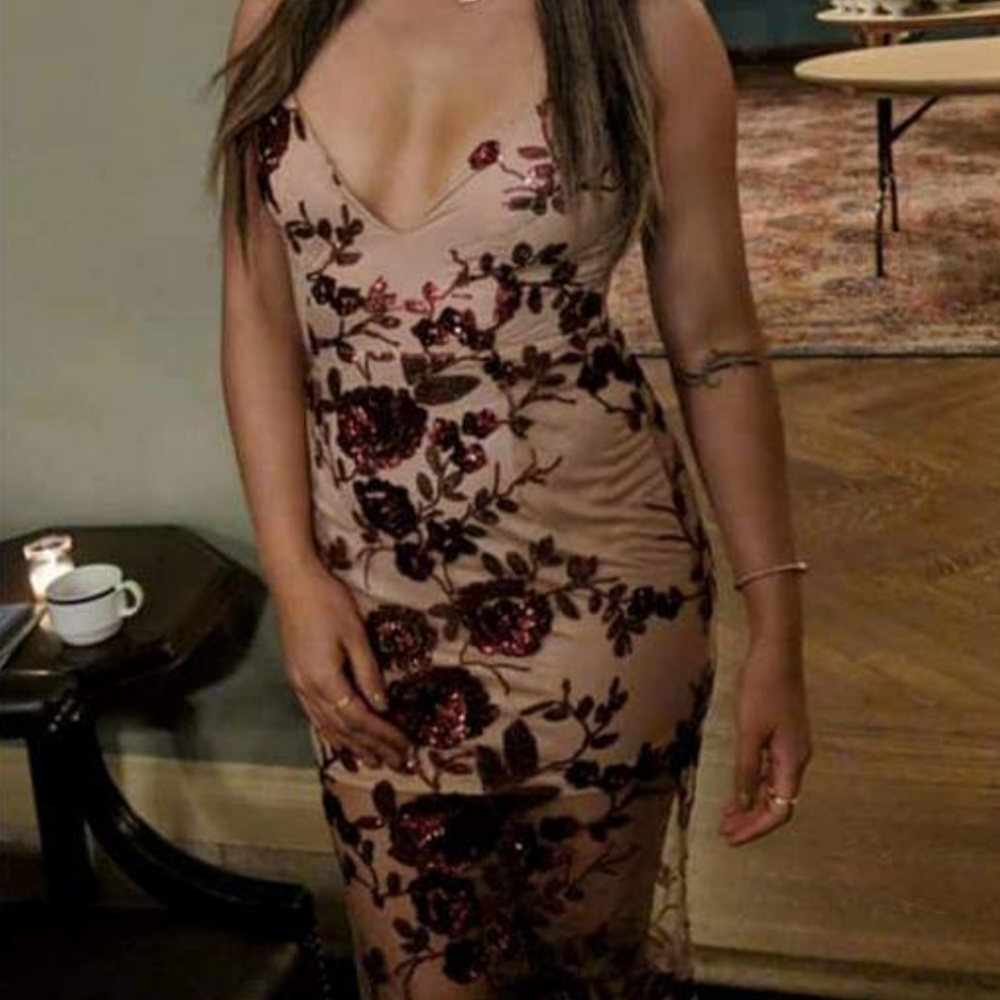 Burgundy sequin nude long dress